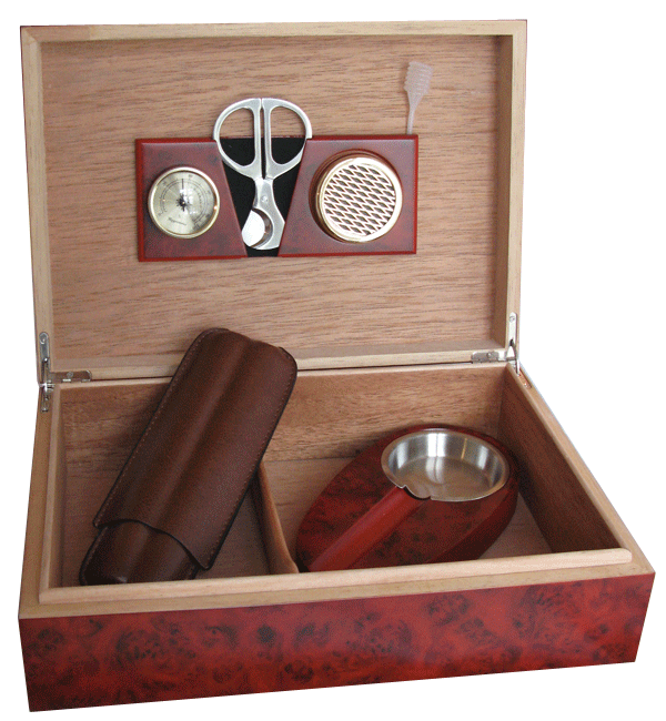 Humidorset med sax + askfat + l�derfodral